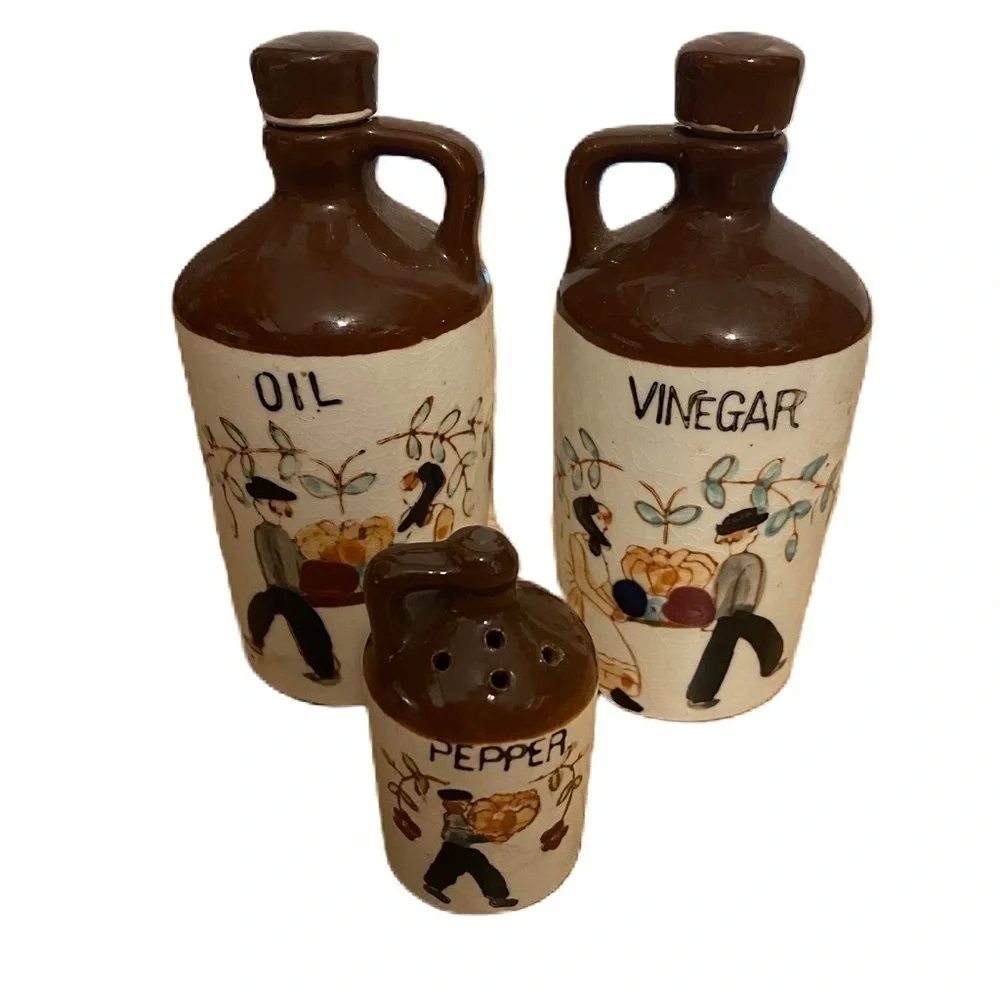 Vintage Amish Jug Oil Vinegar Pepper Containers Ceramic Condiment Holder Dining